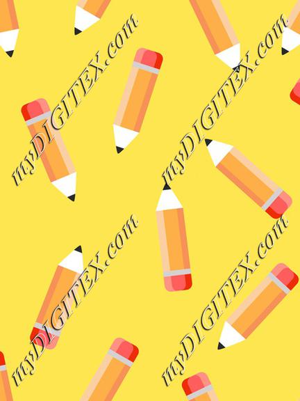 Cartoon pencil on yellow background. School fabric. Kidswear textile