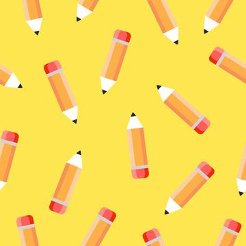 Cartoon pencil on yellow background. School fabric. Kidswear textile