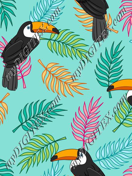 Tropical toucans on colorful palm tree leaves