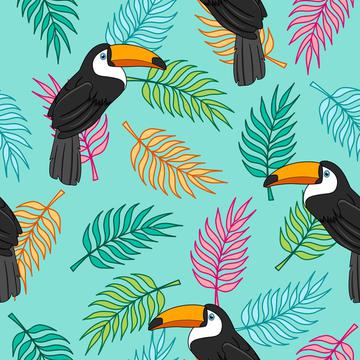 Tropical toucans on colorful palm tree leaves