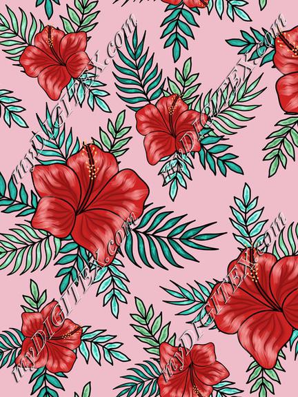 Red hibiscus flowers with palm tree leaves on pink background. Floral fabric. Tropical textile