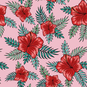 Red hibiscus flowers with palm tree leaves on pink background. Floral fabric. Tropical textile