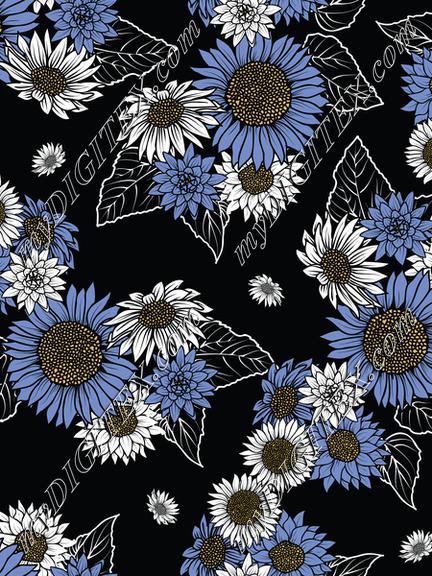 Seamless pattern with vintage hand drawn wildflowers and sunflower on  black background