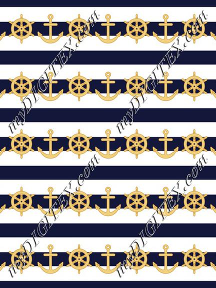 Nautical fabric with stripes steering wheel and anchor. Marine sailing textile