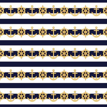 Nautical fabric with stripes steering wheel and anchor. Marine sailing textile