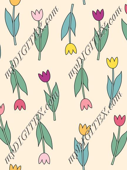 Pink, violet, yellow, orange tulips on pastel background