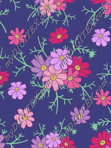 cosmos flowers on navy blue background. Floral fabric. Flowers textile