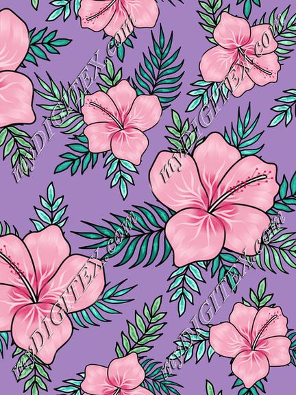 Pink hibiscus flowers with palm tree leaves on violet background. Floral fabric. Tropical textile