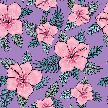 Pink hibiscus flowers with palm tree leaves on violet background. Floral fabric. Tropical textile