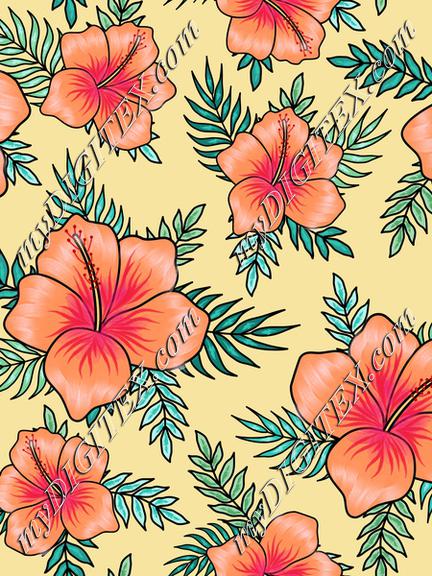 Orange hibiscus flowers with palm tree leaves on yellow background. Floral fabric. Tropical textile