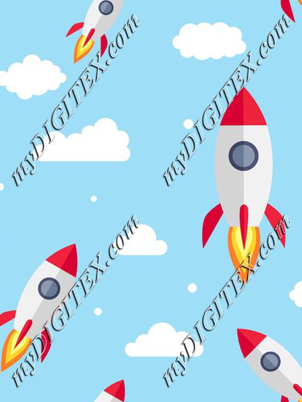 Cartoon rocket on the sky with clouds for kids Cosmos spaceship galaxy vehicle. Kidswear fabric. Children textile