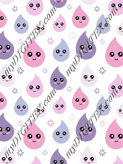 Cartoon drops with smiley for kids Pink and violet pastel raindrops. Kidswear fabric. Children textile