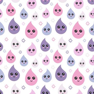 Cartoon drops with smiley for kids Pink and violet pastel raindrops. Kidswear fabric. Children textile