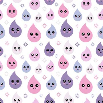 Cartoon drops with smiley for kids Pink and violet pastel raindrops. Kidswear fabric. Children textile