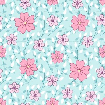 Leaves and pink flowers on mint background