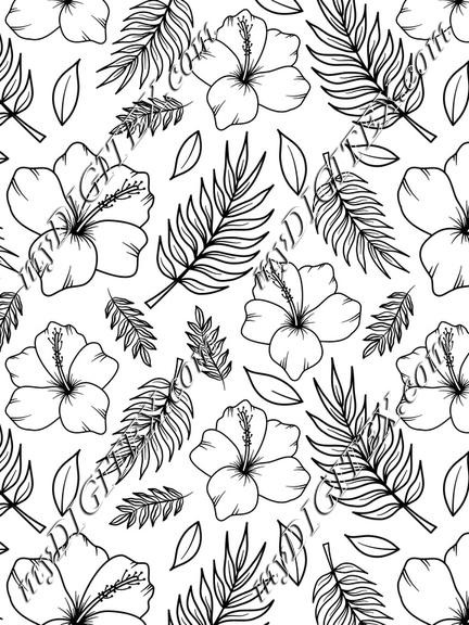 Black and white hibiscus flowers with palm tree leaves. Monochromatic tropical fabric. Summer textile