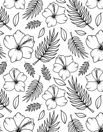 Black and white hibiscus flowers with palm tree leaves. Monochromatic tropical fabric. Summer textile