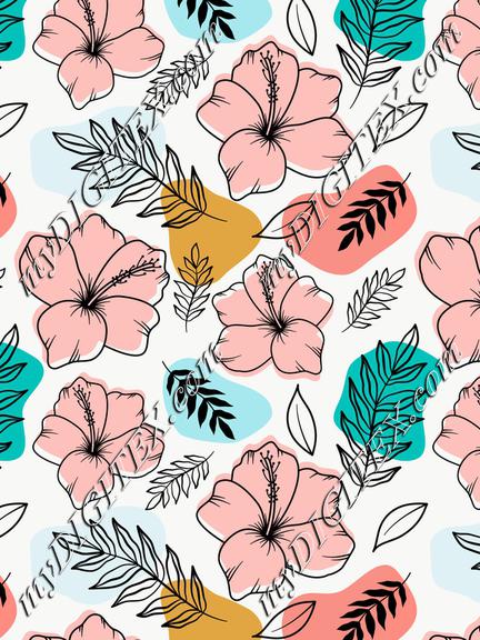 Hibiscus flowers with palm tree leaves. Tropical fabric with colorful abstract shapes. Summer textile