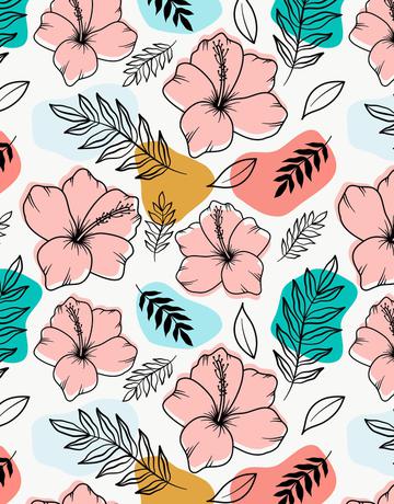 Hibiscus flowers with palm tree leaves. Tropical fabric with colorful abstract shapes. Summer textile