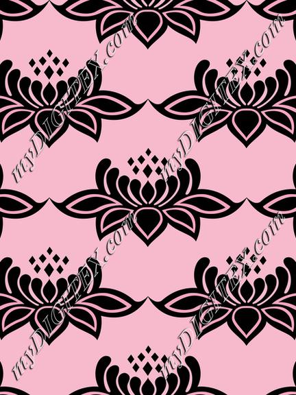 Lotus flowers lace damask. Black flowers on pink background. Victorian style