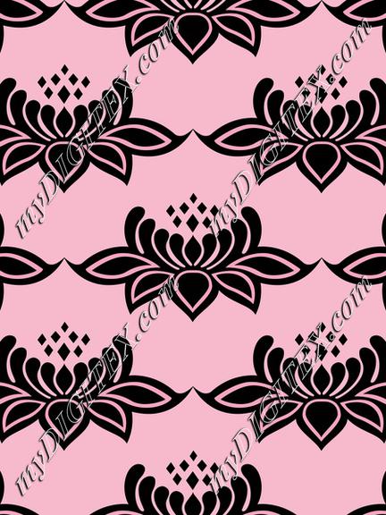 Lotus flowers lace damask. Black flowers on pink background. Victorian style