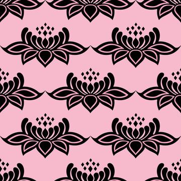 Lotus flowers lace damask. Black flowers on pink background. Victorian style