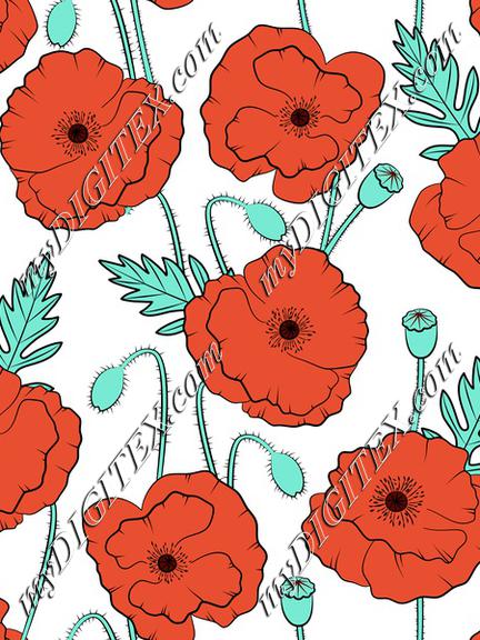 Poppy flowers on white background floral textile. Wildflowers fabric