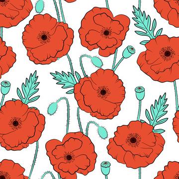 Poppy flowers on white background floral textile. Wildflowers fabric