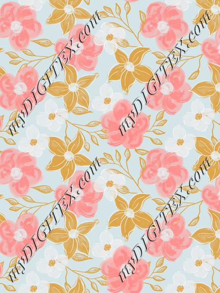 Abstract flowers pink yellow and white on light blue background textile. Floral fabric