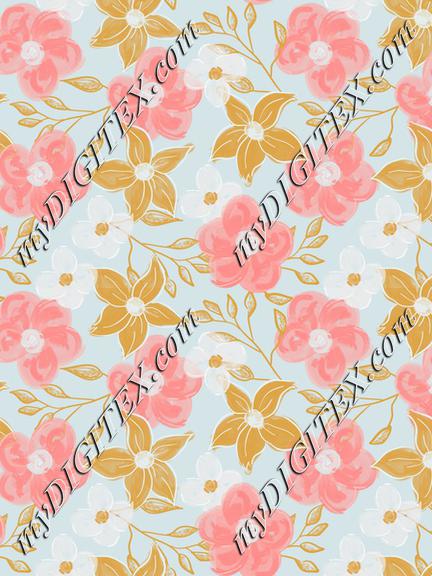 Abstract flowers pink yellow and white on light blue background textile. Floral fabric