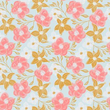 Abstract flowers pink yellow and white on light blue background textile. Floral fabric
