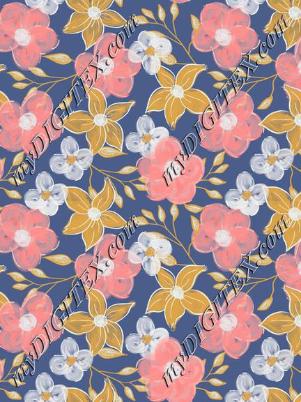 Abstract flowers pink yellow and white on navy blue background textile. Floral fabric