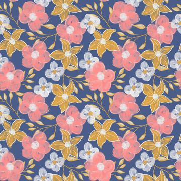 Abstract flowers pink yellow and white on navy blue background textile. Floral fabric