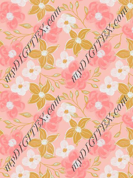 Abstract flowers pink yellow and white on pink background textile. Floral fabric