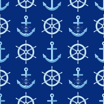 Nautical pattern with steering wheel and anchors on navy blue background