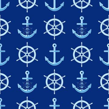 Nautical pattern with steering wheel and anchors on navy blue background