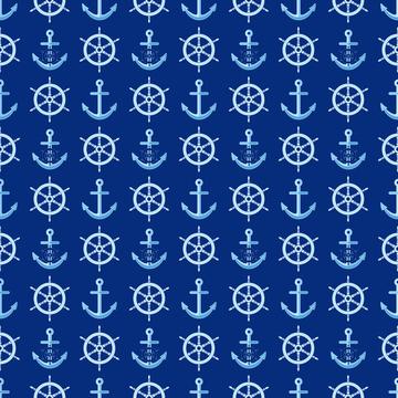 Nautical pattern with steering wheel and anchors on navy blue background