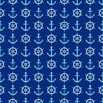Nautical pattern with steering wheel and anchors on navy blue background