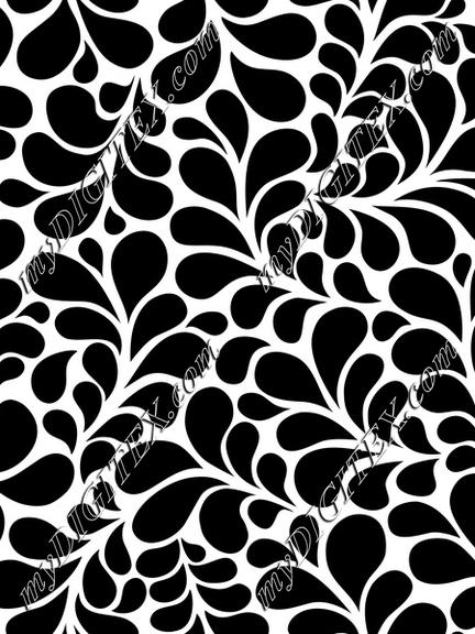 Splash black and white flourishes with drops ornamental pattern style. Monochrome abstract floral background