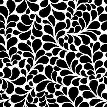 Splash black and white flourishes with drops ornamental pattern style. Monochrome abstract floral background