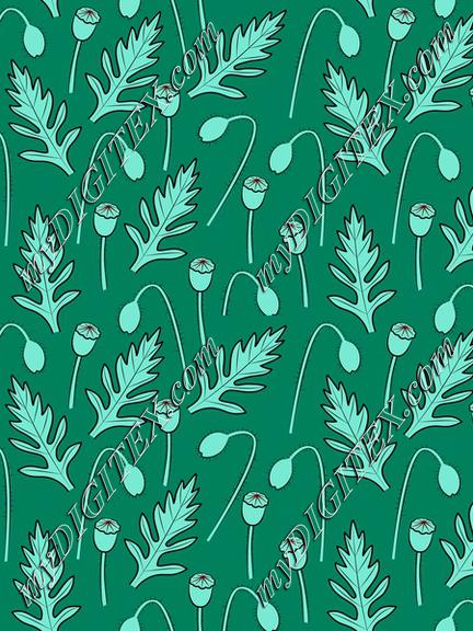 Poppy-heads and leaves on green background