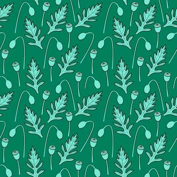 Poppy-heads and leaves on green background