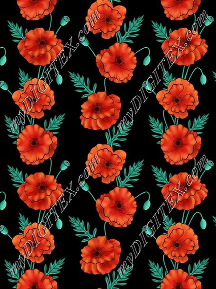Poppy flowers stripes on black background textile. Wildflowers fabric