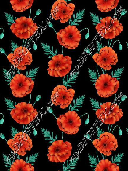 Poppy flowers stripes on black background textile. Wildflowers fabric