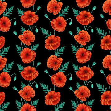 Poppy flowers stripes on black background textile. Wildflowers fabric