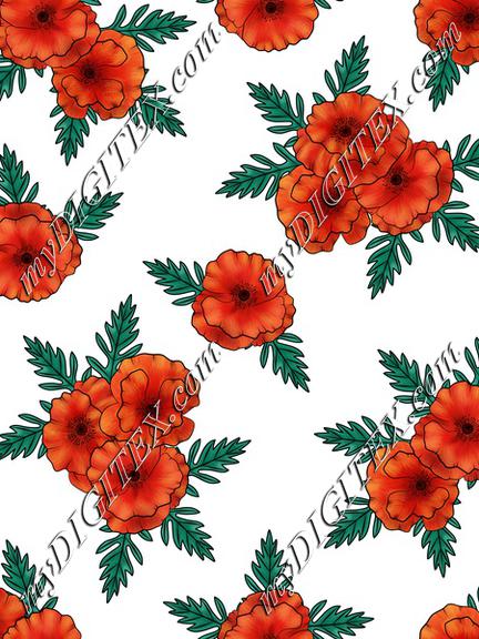 Poppy flower bouquet on white textile. Wildflowers fabric