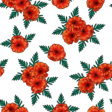 Poppy flower bouquet on white textile. Wildflowers fabric