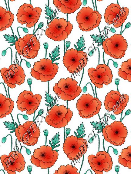 Poppy flowers on white textile. Wildflowers fabric