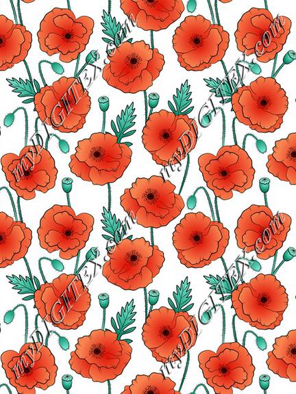 Poppy flowers on white textile. Wildflowers fabric