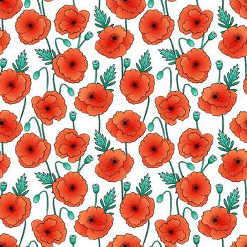 Poppy flowers on white textile. Wildflowers fabric